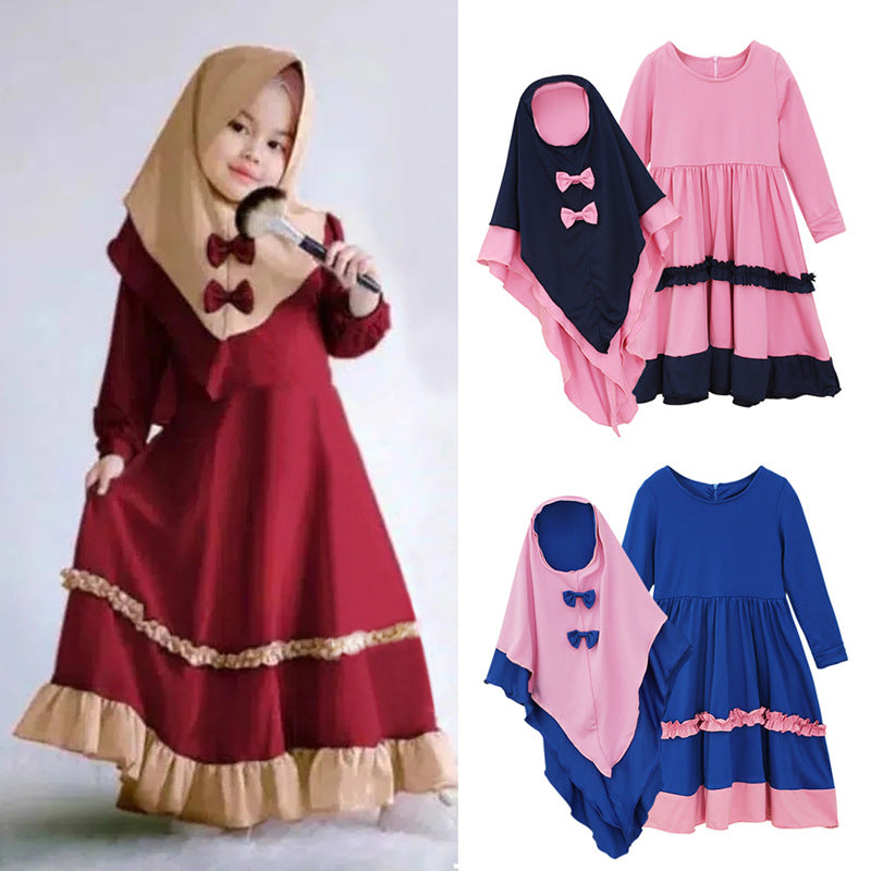 Long-Sleeved One-Piece Dress, Two-Piece Turban, Children's Clothing