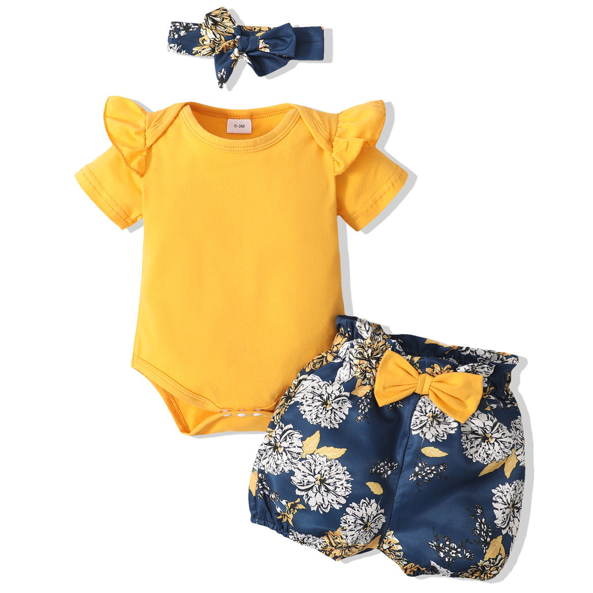 Yellow Floral Short Set With Headscarf Three-piece Set