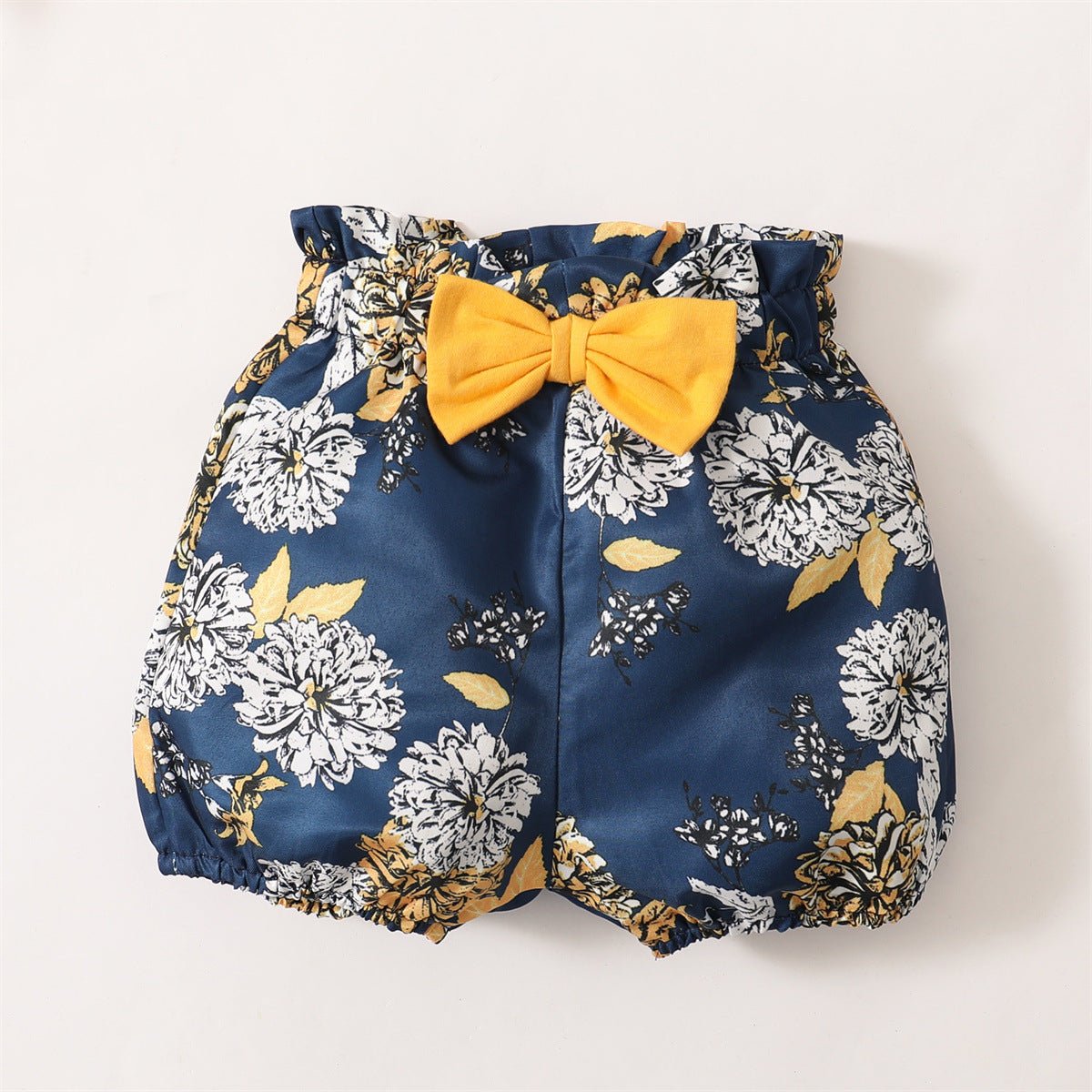 Yellow Floral Short Set With Headscarf Three-piece Set