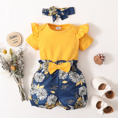 Yellow Floral Short Set With Headscarf Three-piece Set