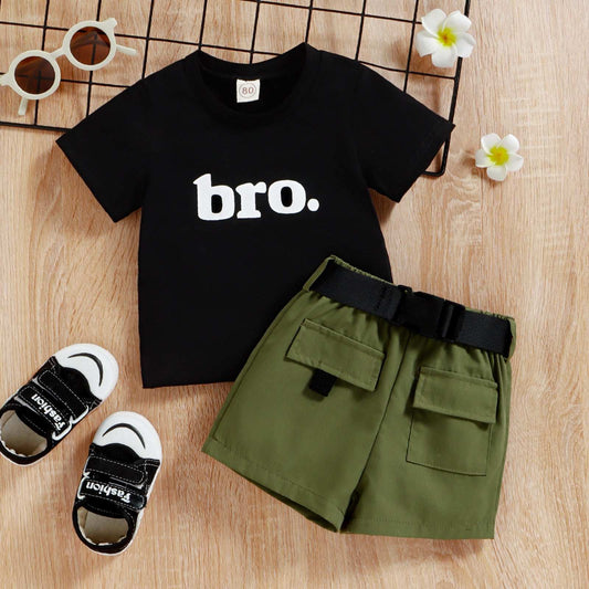 Short Sleeve Top (blk) Cargo Short(green) Set "bro Short Sleeve Top (blk) Cargo Short(green) Set "bro." J&E Discount Store 