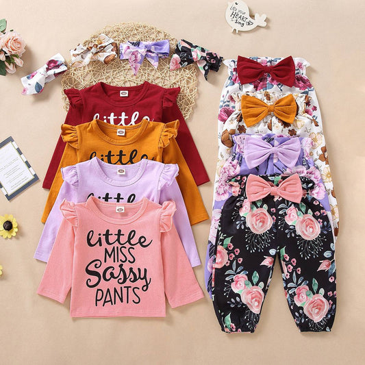 Flower Letter Pattern Flounced Sleeve Bow Girl' Flower Letter Pattern Flounced Sleeve Bow Girl's Three-piece J&E Discount Store 